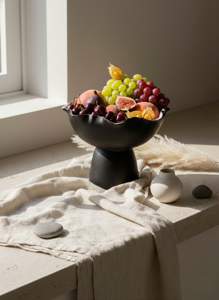 Fruit bowl with fruits on a table with a neutral background