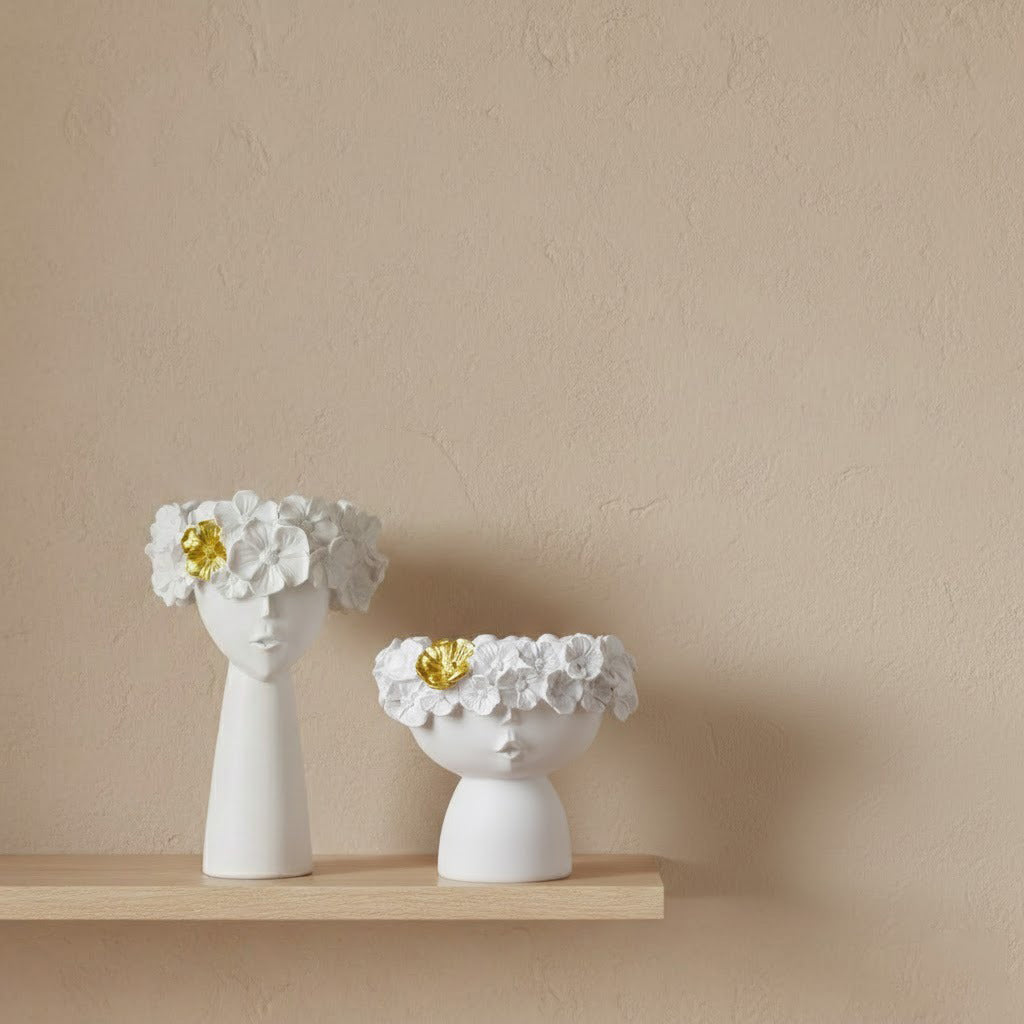 Resin Girl Head Vase Statue Sculpture | Set of 2 | Black & White
