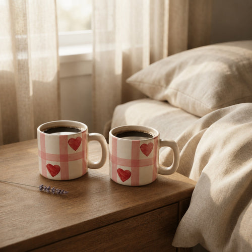 Two ceramic mugs with a pink and white gingham pattern and red hearts, filled with coffee and placed on a wooden bedside table next to a bed with beige linens.