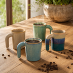 Four ceramic mugs on a wooden table with coffee and scattered coffee beans.