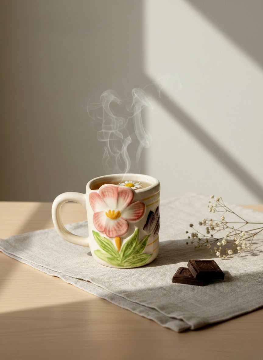 Ceramic mug with floral design on a table with steam rising from it