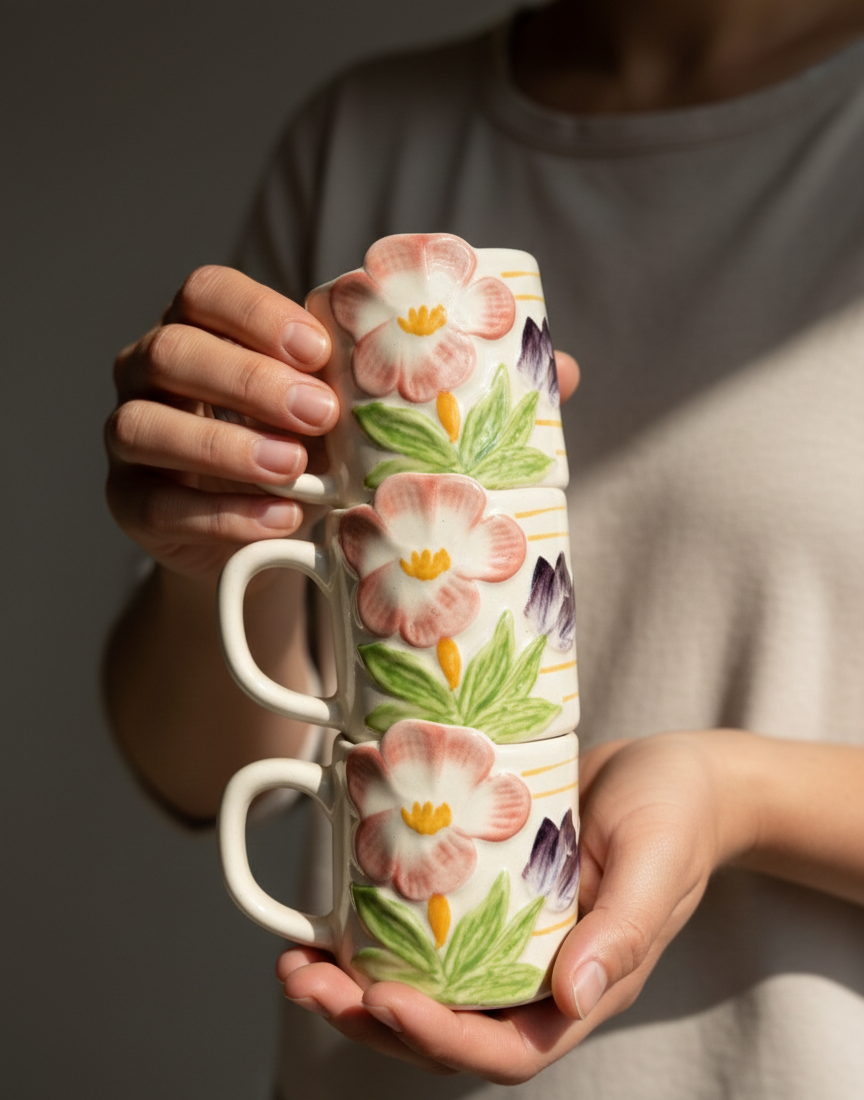 Person holding a floral mug with a dark background