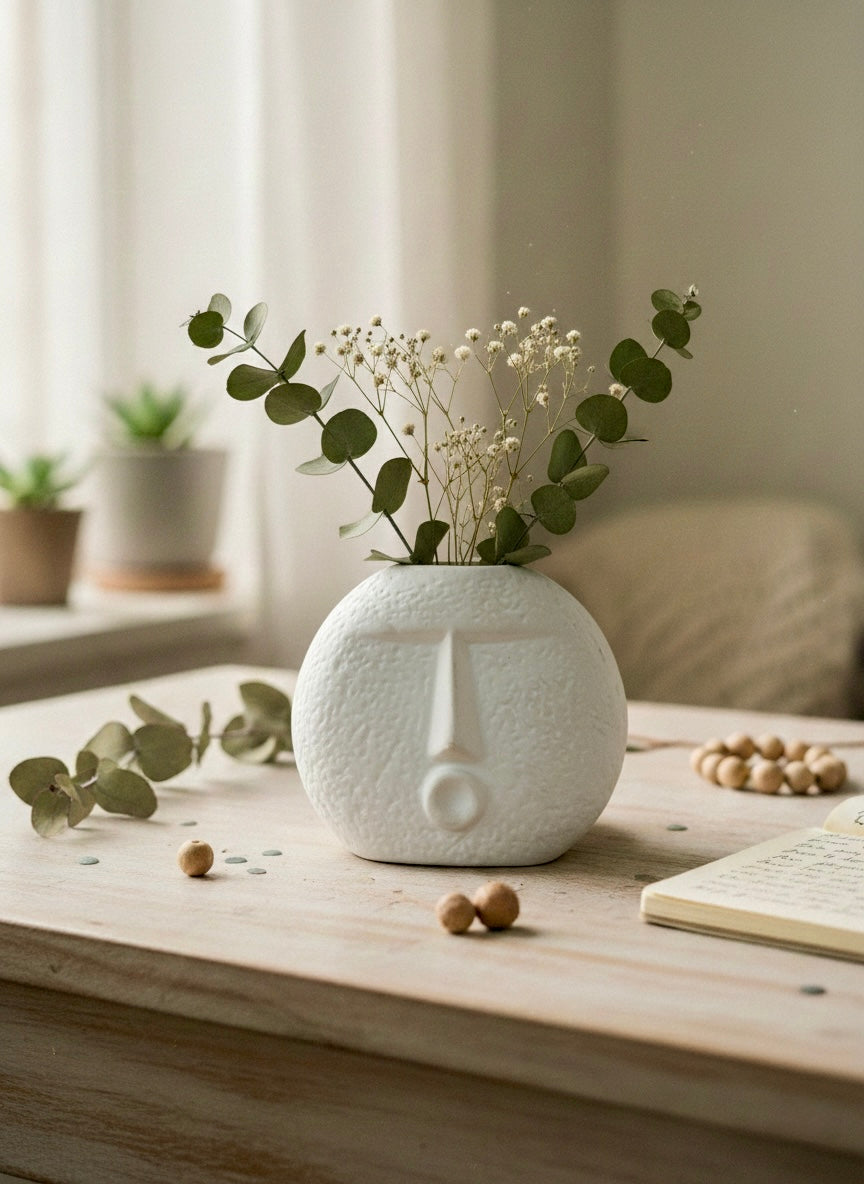 White ceramic vase with face design on a wooden surface with greenery
