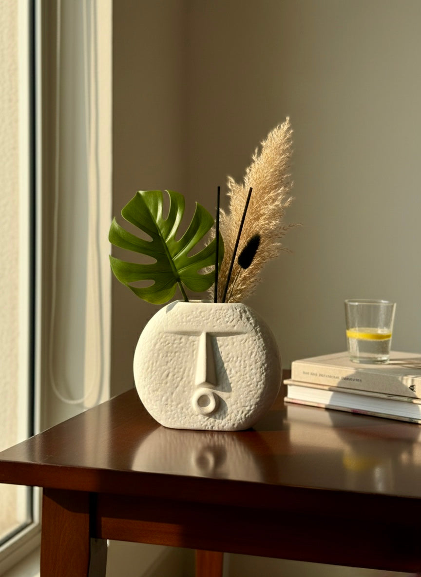 Ceramic vase with face design on a wooden table with plants and a glass of water.