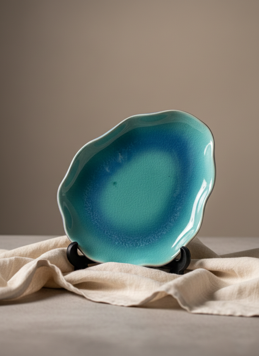 Turquoise ceramic plate on a stand with a beige cloth and background