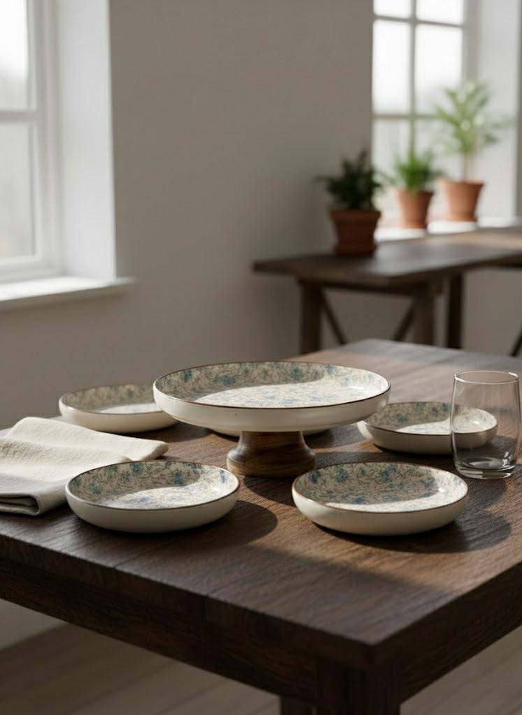 Set of ceramic bowls on a wooden table with a neutral background