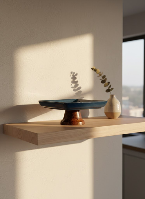 Decorative items on a wooden shelf with a neutral background