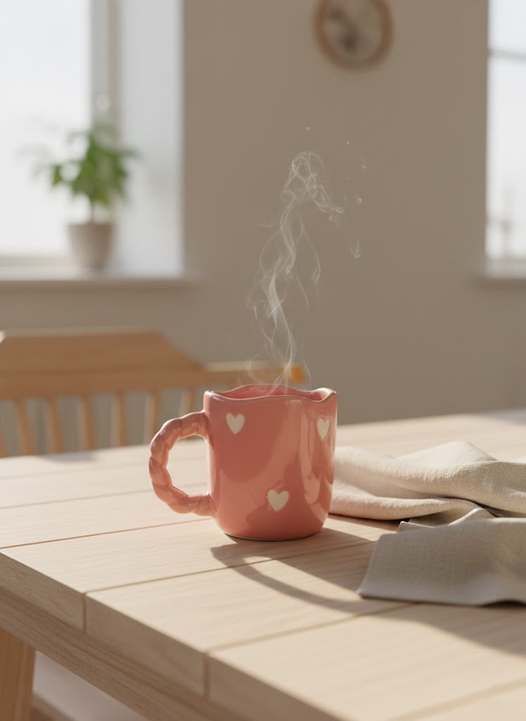Pink mug with heart designs on a wooden table, steam rising
