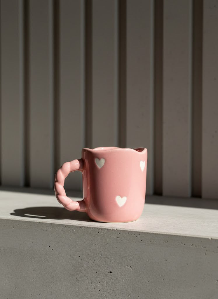 Pink mug with heart designs on a windowsill against a gray wall.