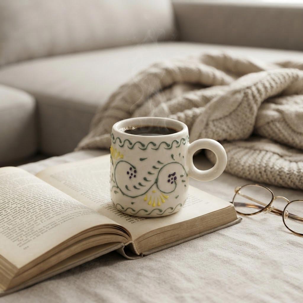 A white ceramic mug with a hand-painted floral pattern sits on an open book on a bed, with a cozy knitted blanket and a pair of eyeglasses in the background.
