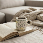 A white ceramic mug with a hand-painted floral pattern sits on an open book on a bed, with a cozy knitted blanket and a pair of eyeglasses in the background.