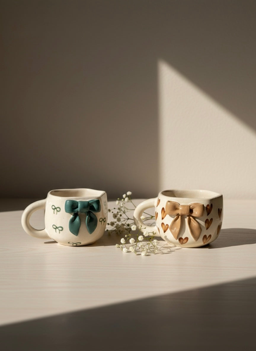 Two ceramic mugs with decorative bows on a neutral background