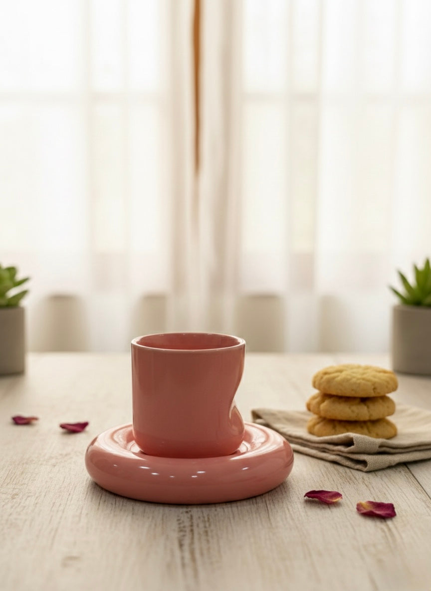 Pink ceramic cup on a matching saucer with cookies and petals on a wooden table.