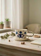 Ceramic cup with blue star design on a wooden table with a blurred background