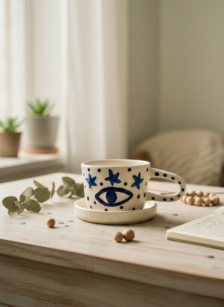 Ceramic cup with blue star design on a wooden table with a blurred background