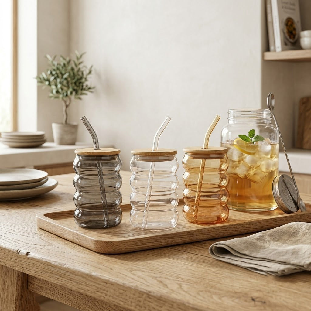 Set of glass jars with wooden lids and straws on a wooden tray, with a blurred indoor background.