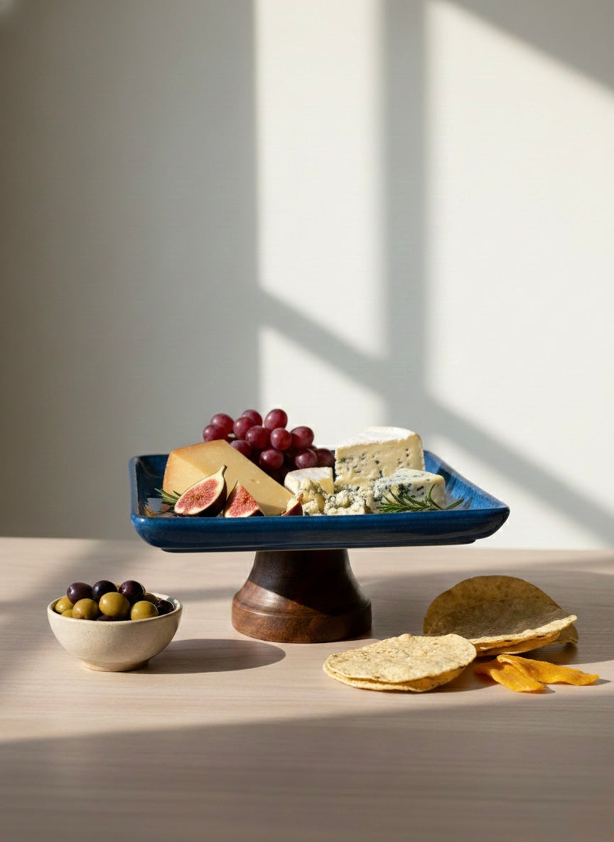Blue platter with cheese, fruits, and bread on a wooden stand against a white wall.