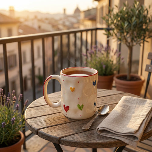 Mug with colorful heart designs on a wooden table with a balcony view
