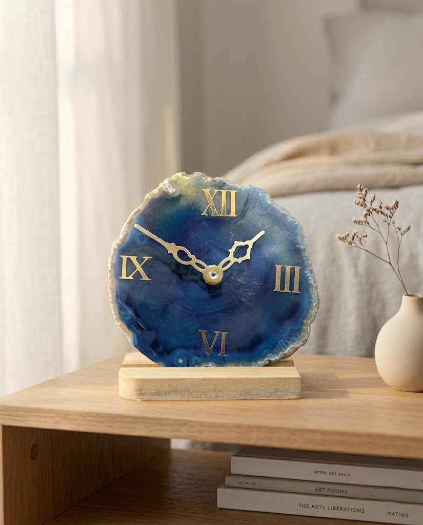 Blue agate clock on a wooden surface with books and a vase in the background