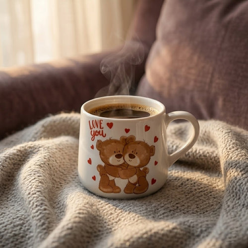 Cup of coffee with teddy bears and 'Love you' text on a textured surface