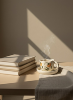 Ceramic teapot with steam on a table next to books, soft lighting