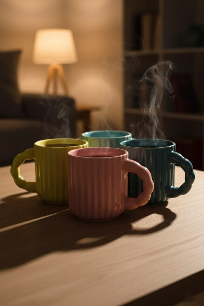 Four colorful mugs on a wooden surface with steam rising, in a warm indoor setting.