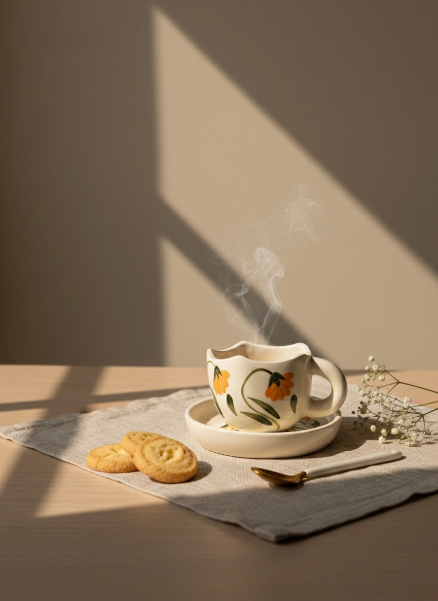 Steaming mug with cookies on a tablecloth in soft light