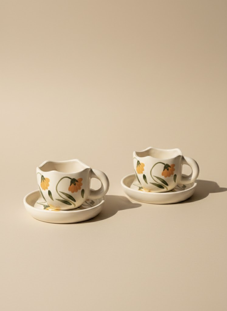 Two ceramic cups with floral designs on a beige background