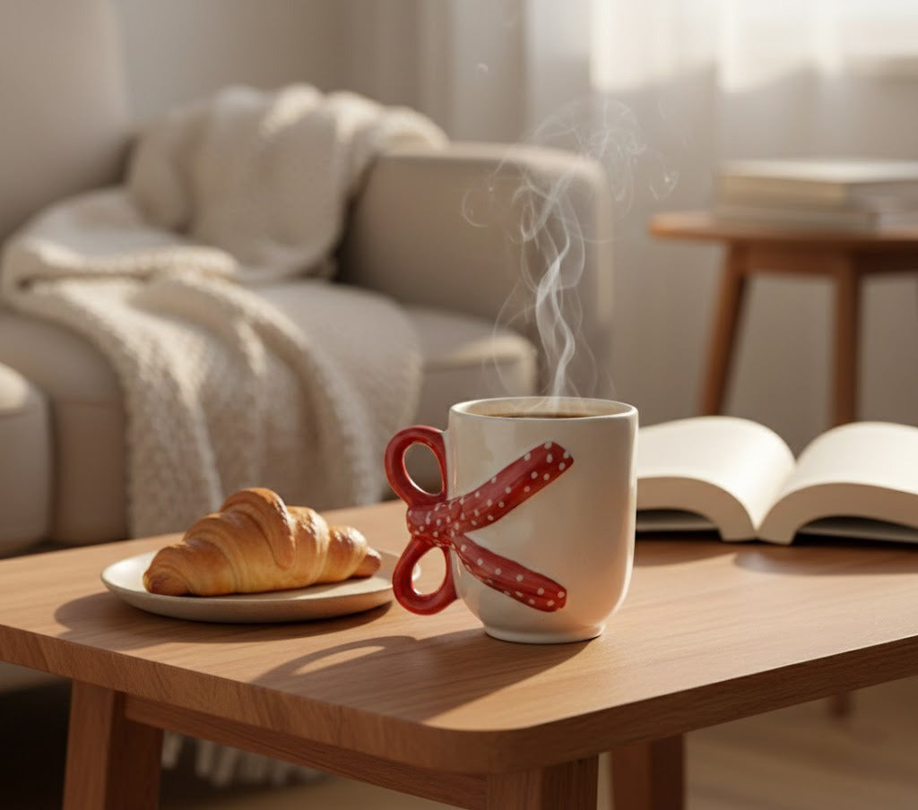 Steaming mug with a decorative bow, croissant, and open book on a wooden table in a cozy living room.
