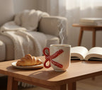 Steaming mug with a decorative bow, croissant, and open book on a wooden table in a cozy living room.
