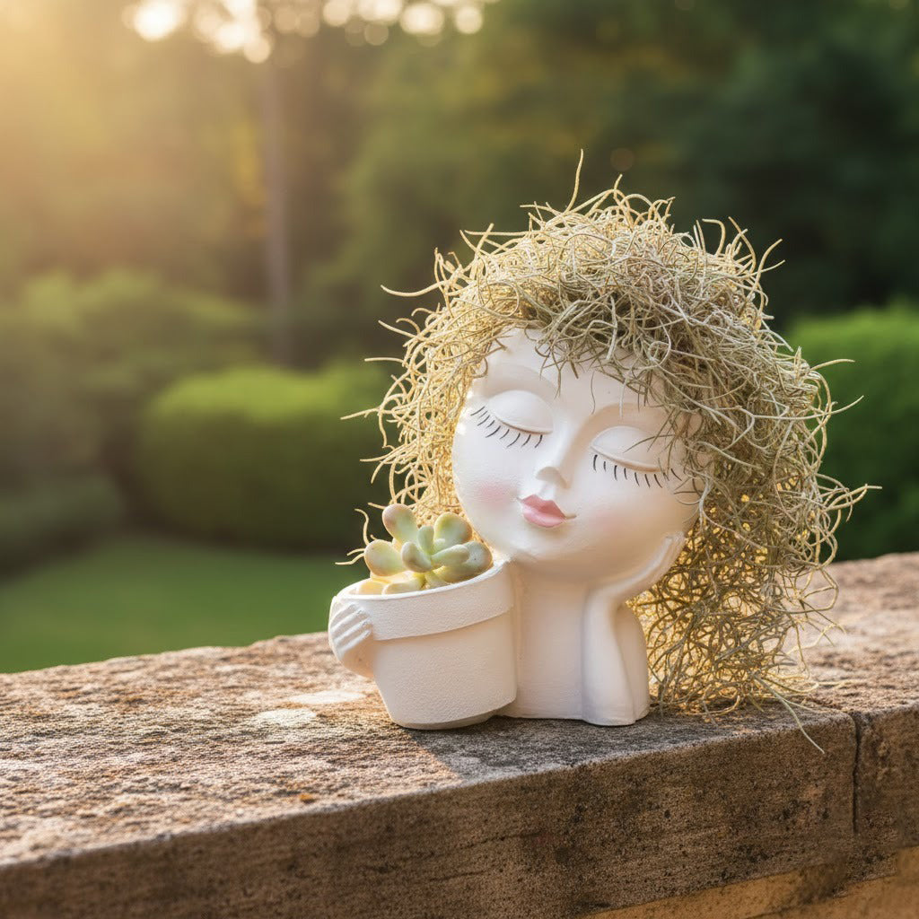 Decorative ceramic head with curly hair holding a potted plant on a stone ledge outdoors.