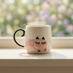 Ceramic mug with a cat design on a windowsill with a blurred outdoor background