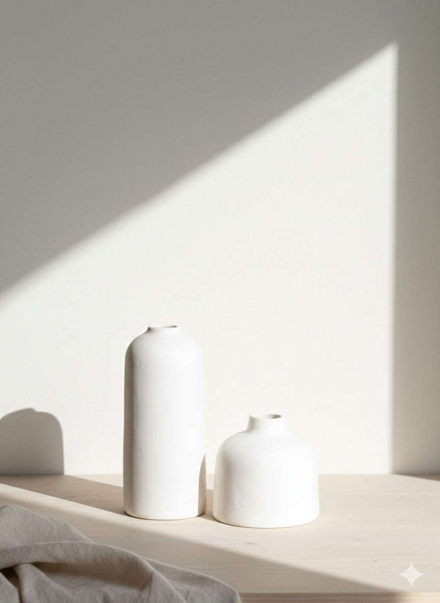 Two white vases on a shelf with a soft shadow cast by sunlight.