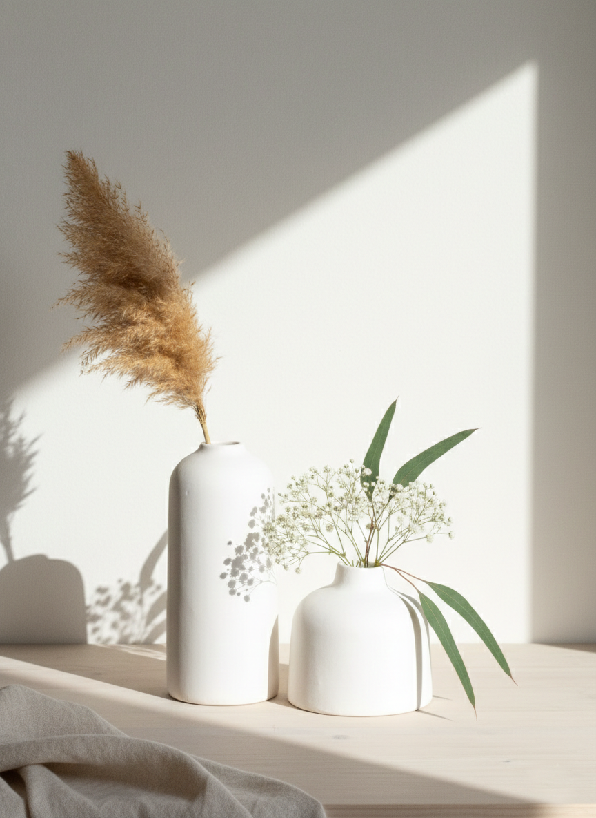 Two white vases with decorative plants on a light surface with a neutral background