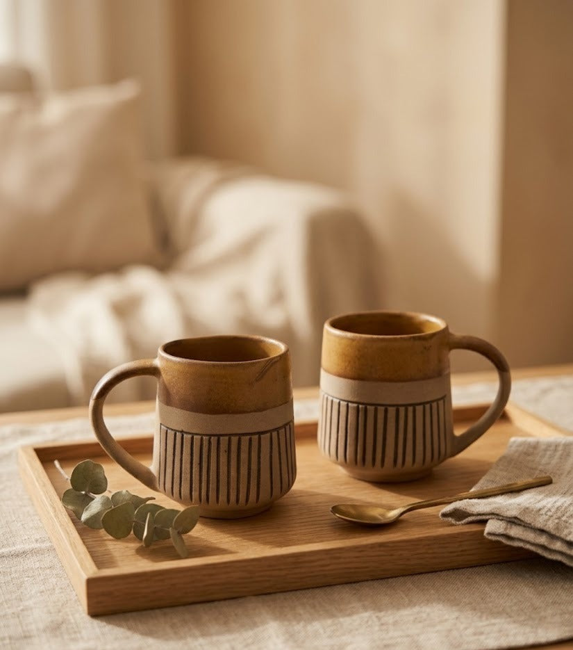 Two ceramic mugs with striped design on a wooden tray with a spoon and leaves, set against a blurred indoor background.