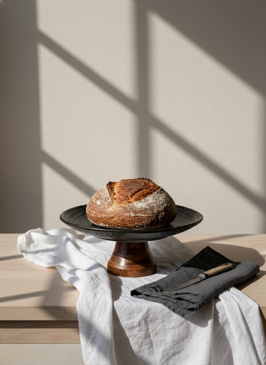 Loaf of bread on a black plate with a white cloth and knife in the background