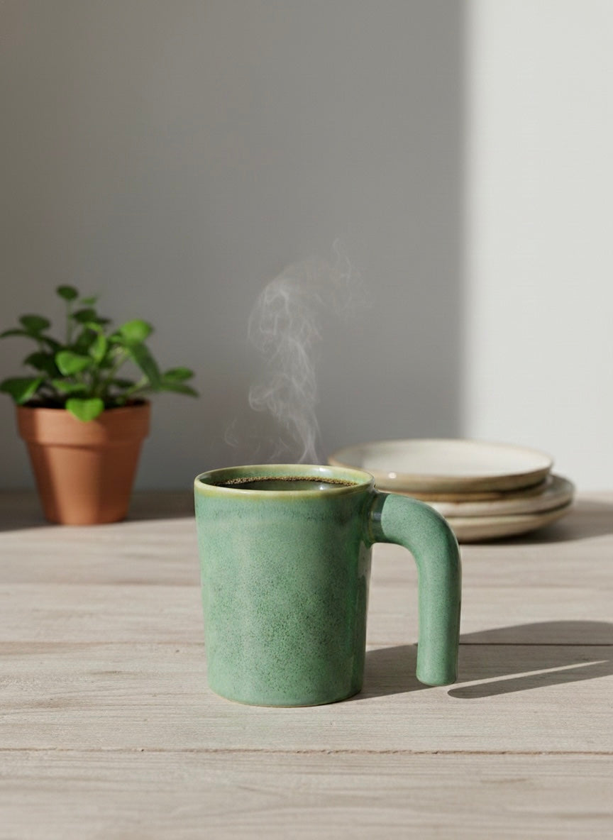 Green ceramic mug with steam on a wooden table, potted plant and plates in the background