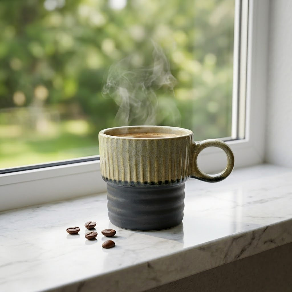 Steaming mug on a windowsill with coffee beans nearby