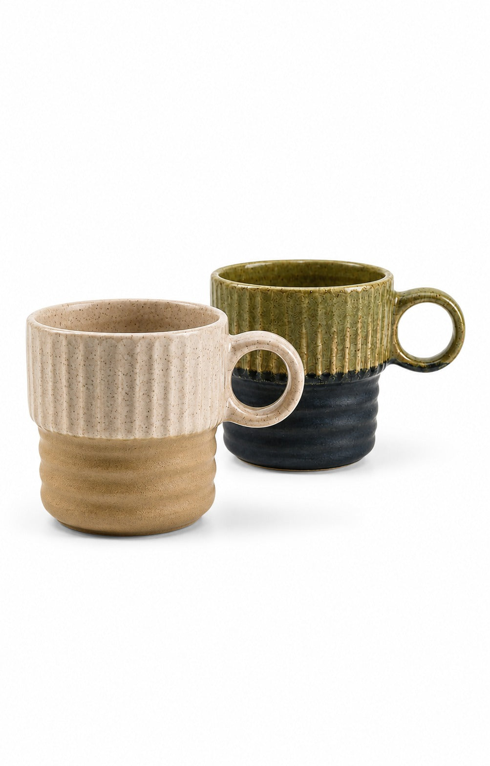 Two handmade ceramic mugs with a ribbed, stacked design on a white background. The mug in the foreground is beige and brown, while the mug behind it is olive green and black.