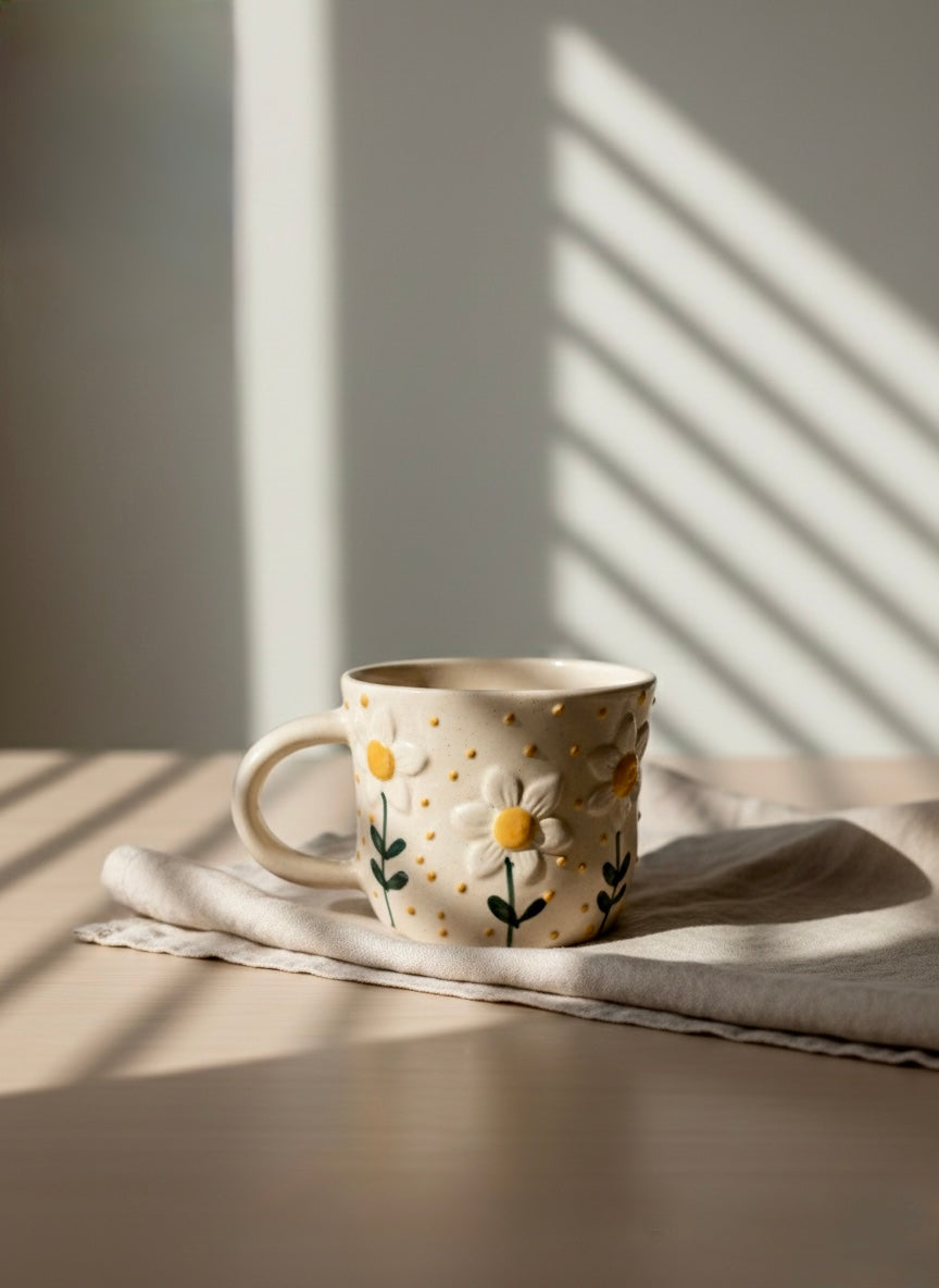 Ceramic mug with floral design on a light surface, casting shadows.