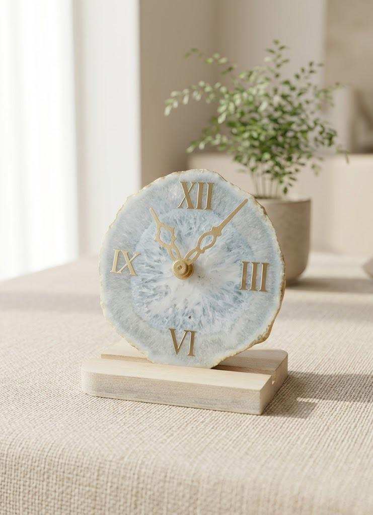 Decorative clock with Roman numerals on a wooden base in a home setting