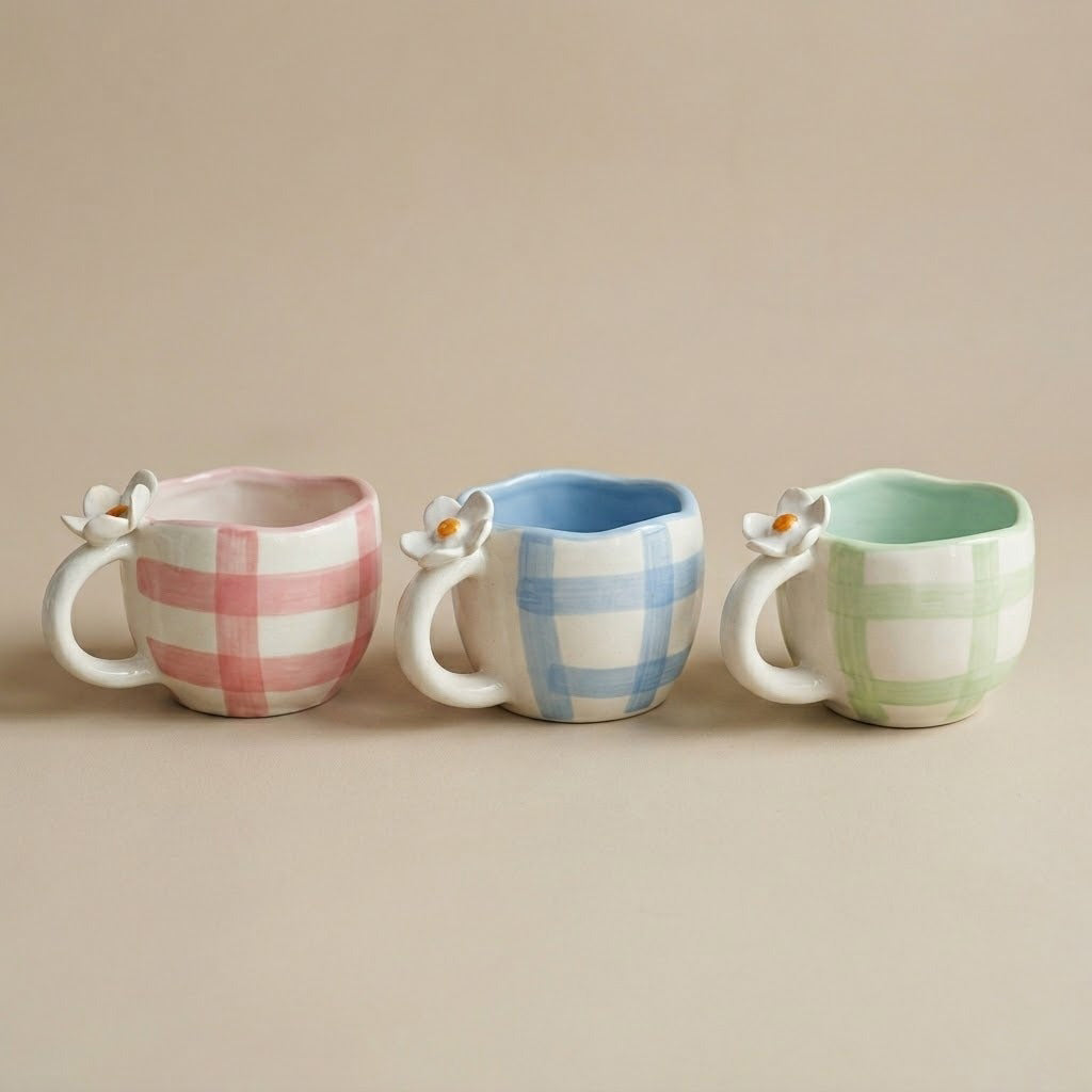 Three ceramic mugs with plaid patterns on a beige background