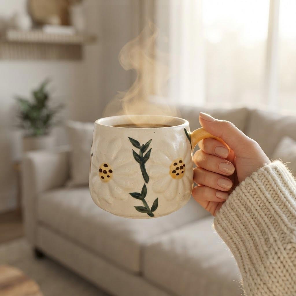 A hand holding a ceramic mug filled with a hot beverage, with steam rising. The mug is cream-colored with a textured floral pattern, green leaf details, and yellow flower accents.