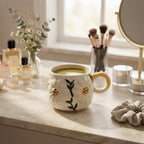 A ceramic mug with a textured cream body, green leaf pattern, and yellow handle, filled with a light green beverage and set on a bathroom vanity next to skincare and makeup items.
