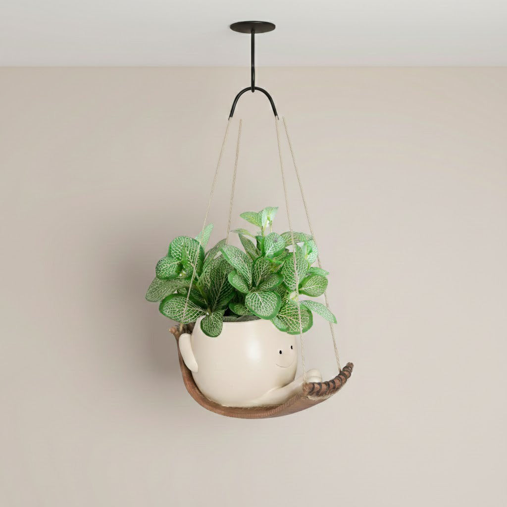 Hanging planter with a green plant on a beige wall