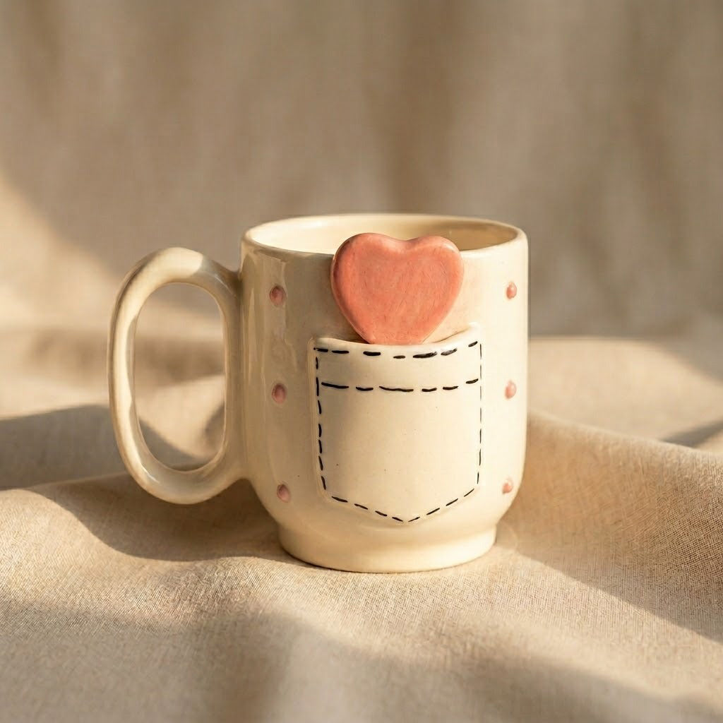 Ceramic mug with a heart-shaped cookie on a beige background