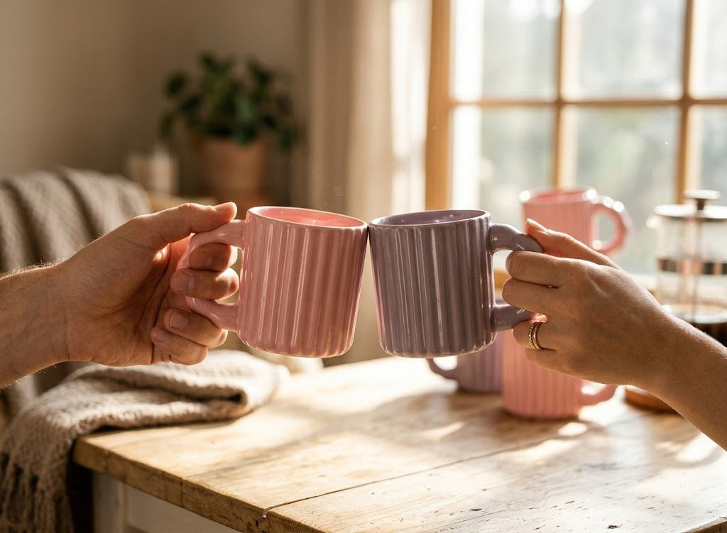 Two people holding pink mugs on a wooden table with a blurred background