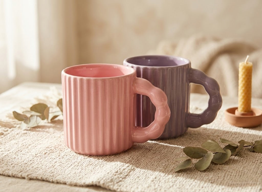 Two ceramic mugs, one pink and one purple, on a textured surface with a candle and leaves in the background.