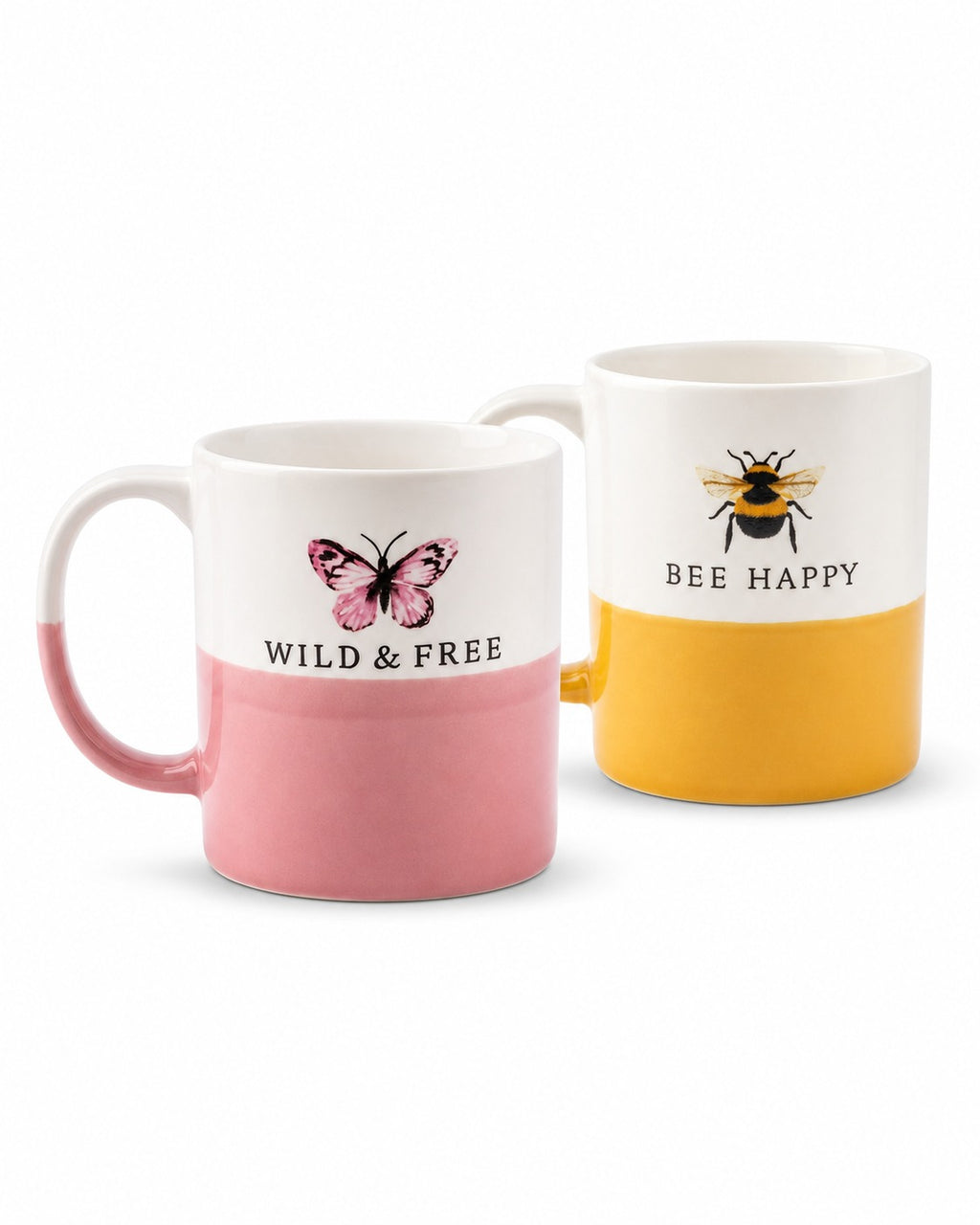 Two ceramic mugs on a white background. The front mug is white on top and pink on the bottom, with a pink butterfly graphic and the words 'WILD & FREE'.