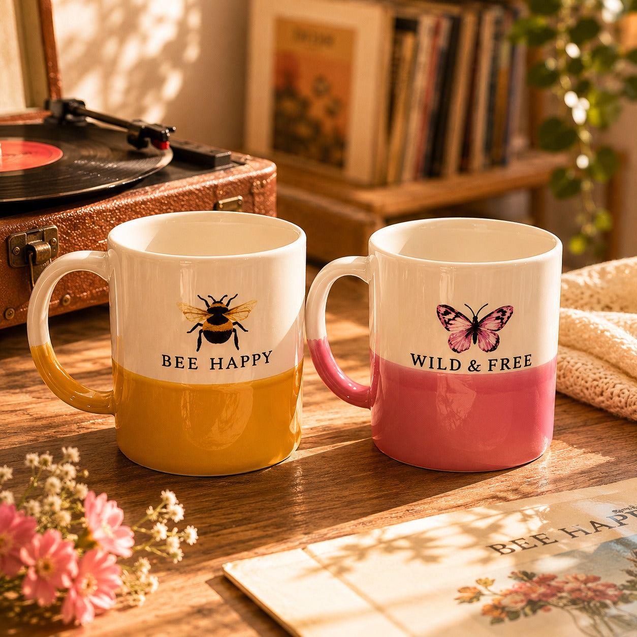 Two mugs with animal-themed designs and text on a wooden surface.